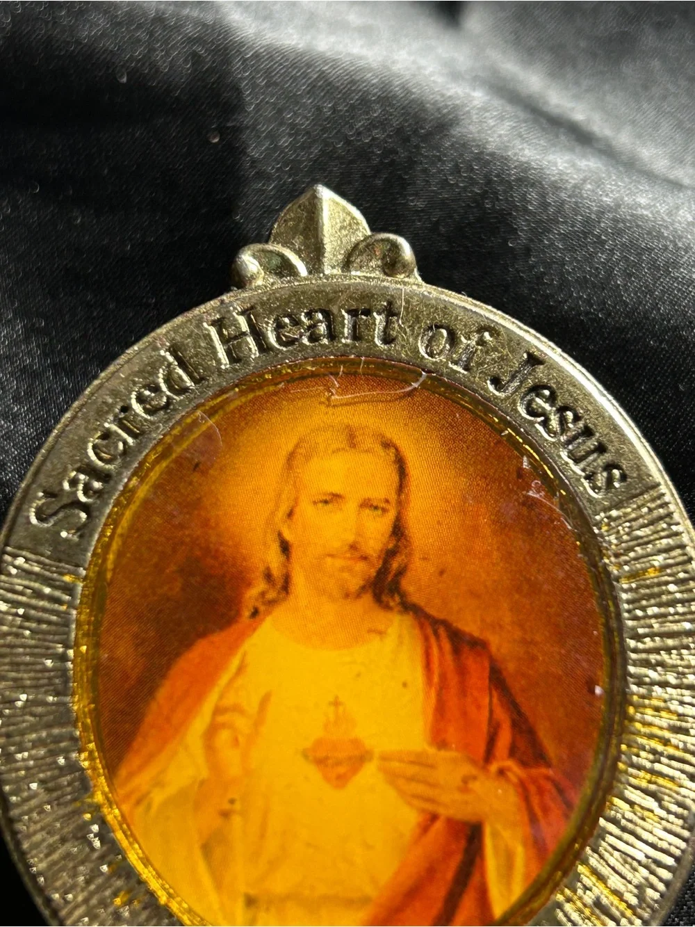 Vintage Sacred Heart of Jesus Medal Belt Clip - Gold Tone with Amber Center